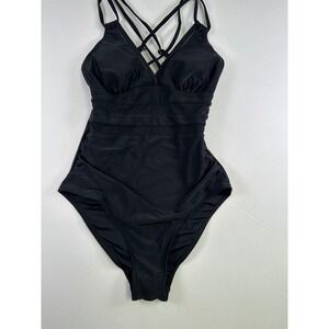 Breezy Lane Women Black‎ Mesh Ruched One Piece Swimsuit Strappy V-Neck NWT S